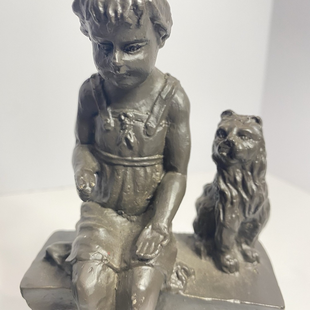 Vintage Painted Brass Figurine Pair – Girl Sitting on Wall with Dog – 8" Tall - Picture 4 of 10